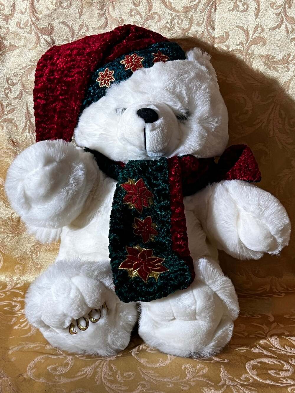 Vintage 2001 White Christmas Teddy Bear Plush Santa Hat Scarf Poinsettia